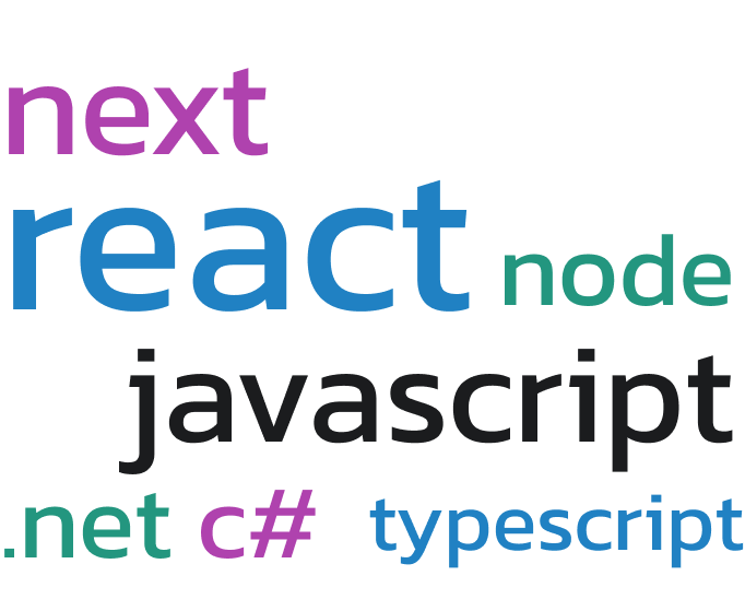 Imagem com palavras em destaques das seguintes stacks: Next, React, Node, Javascript e C sharp.