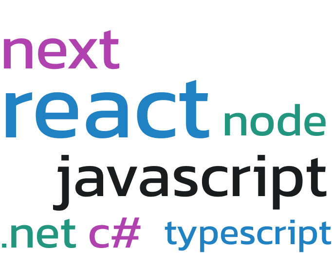 Pictures containing highlighted words of the following stacks: Next, React, Node, JavaScript and C sharp